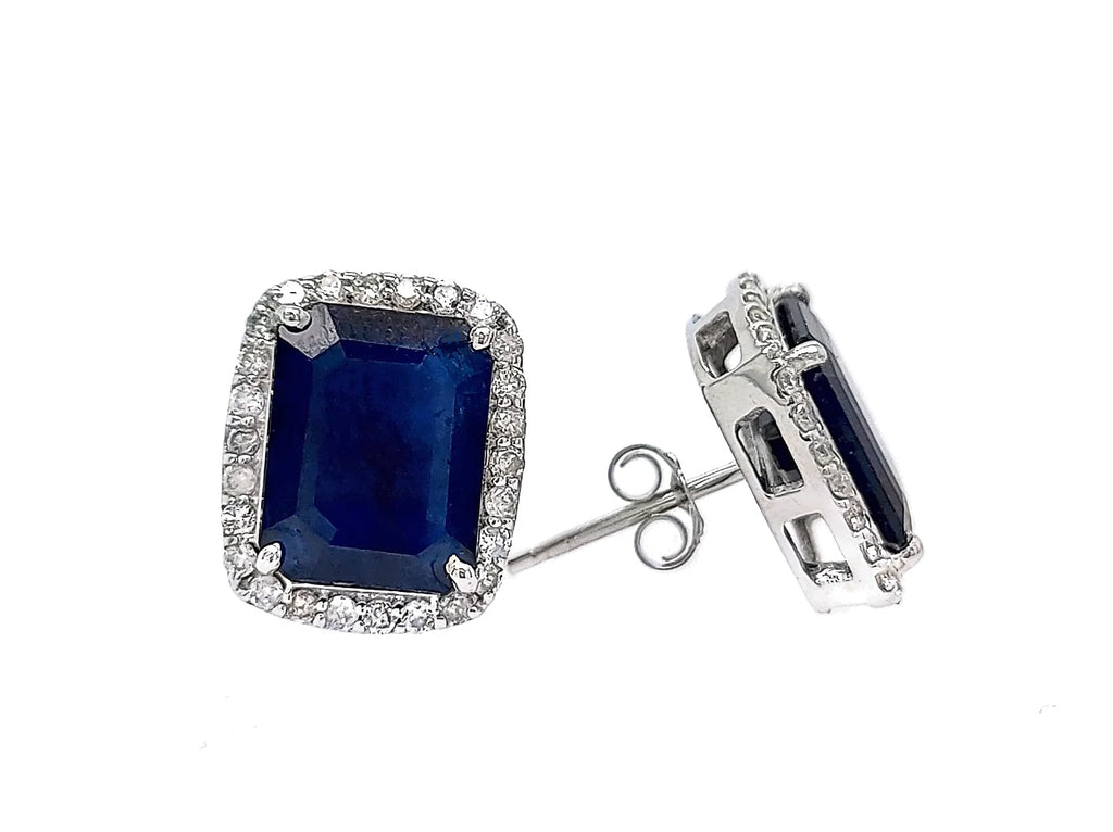 Diamond Halo Blue Sapphire Stud Earrings