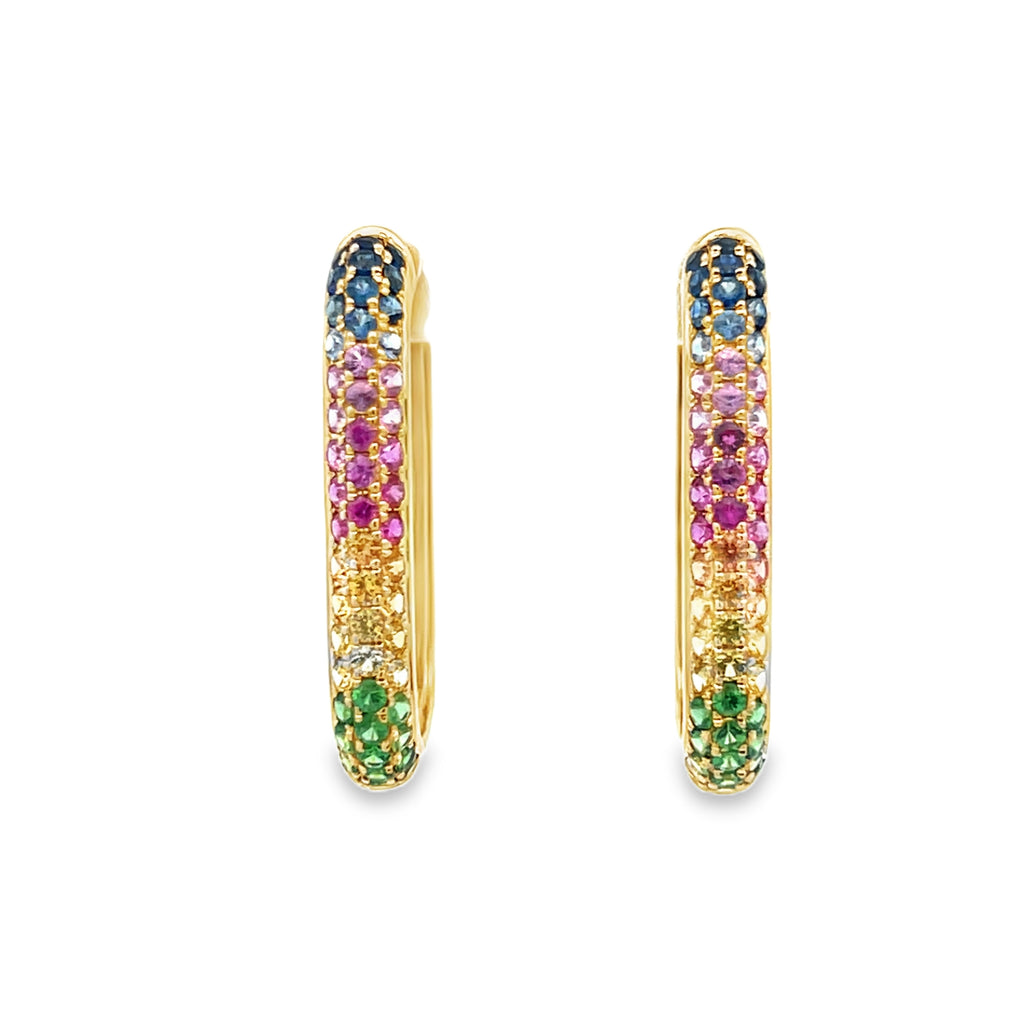 Pave Rainbow Sapphire Rectangular Hoops