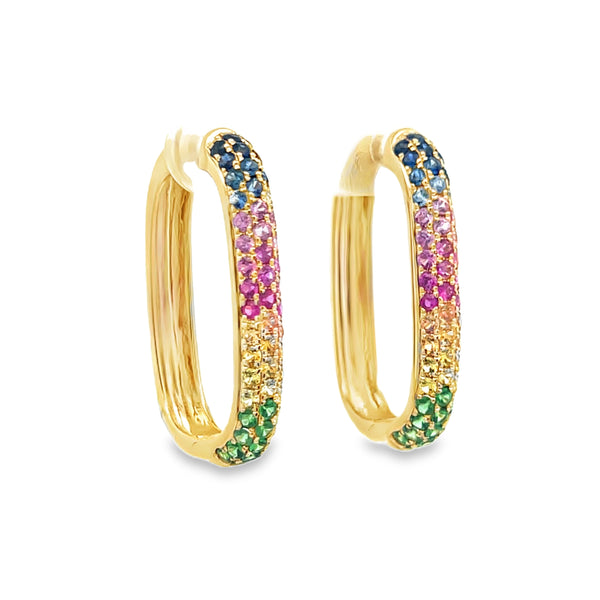 Pave Rainbow Sapphire Rectangular Hoops