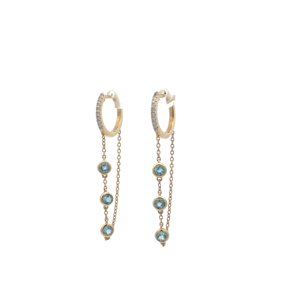 Diamond & Bezel Sky Blue Topaz Dangle Chain Hoops