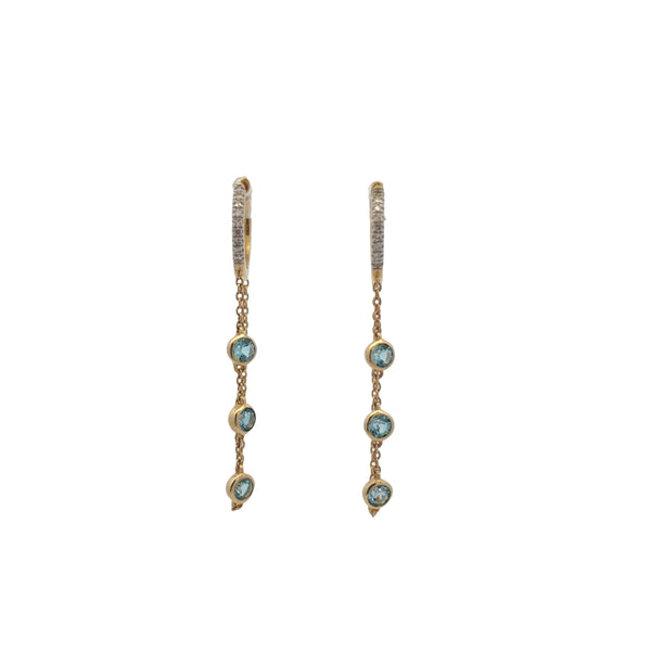 Diamond & Bezel Sky Blue Topaz Dangle Chain Hoops
