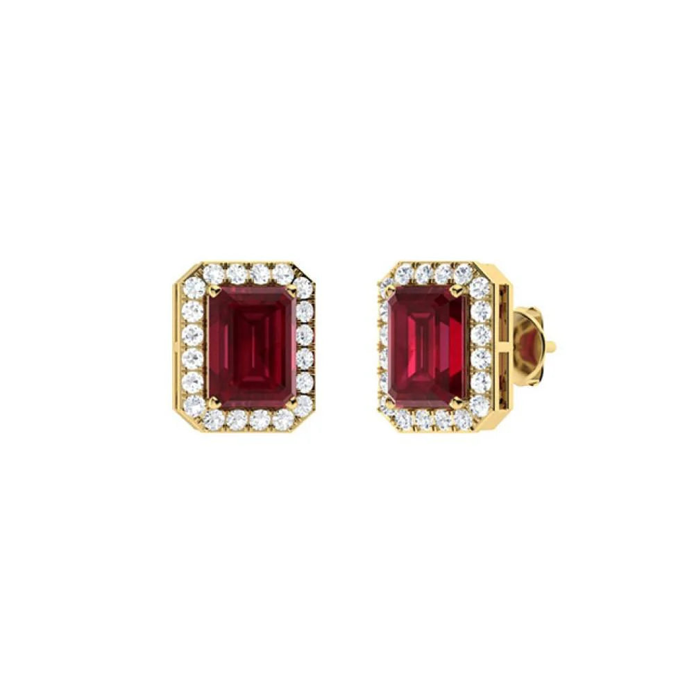 Emerald Cut Gemstone & Diamond Halo Stud Earrings