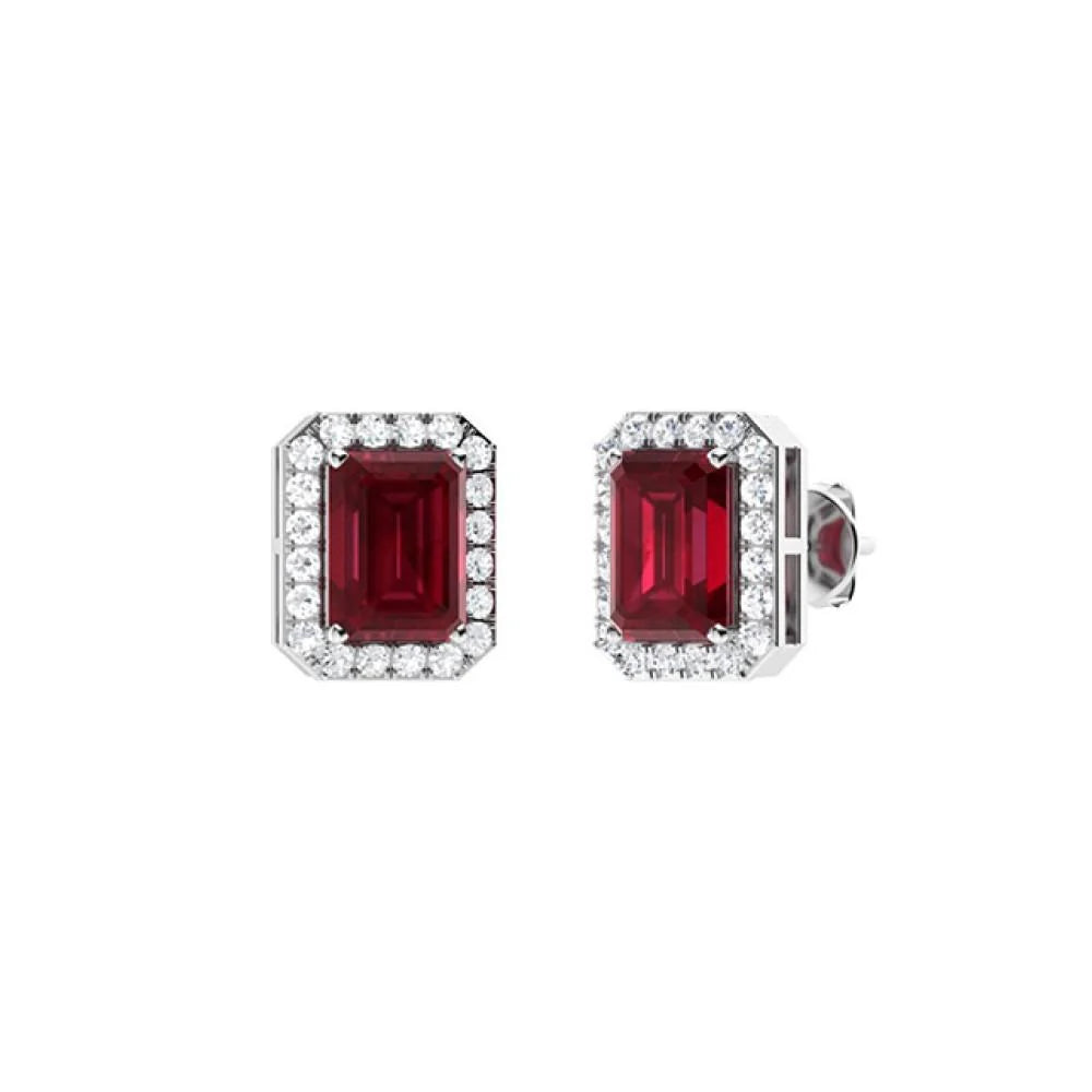 Emerald Cut Gemstone & Diamond Halo Stud Earrings