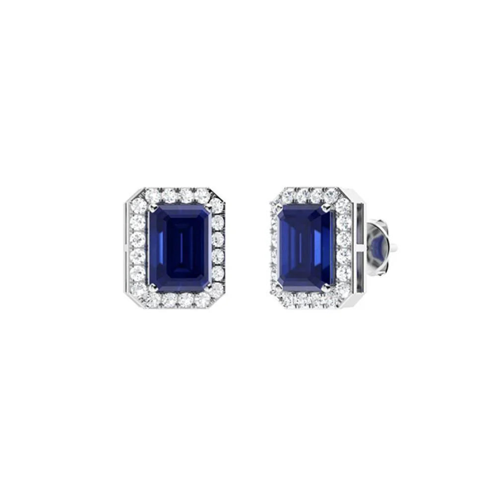 Emerald Cut Gemstone & Diamond Halo Stud Earrings