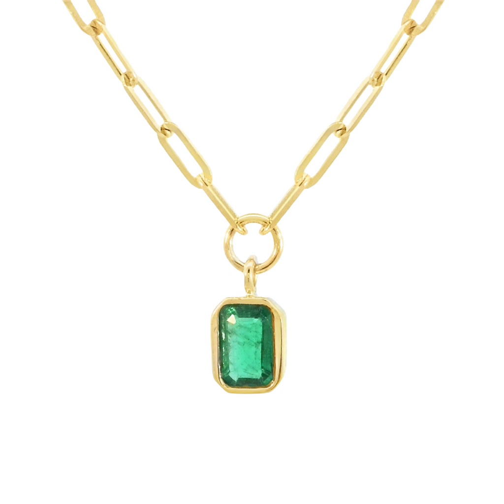 Paperclip & Bezel Emerald Drop Necklace