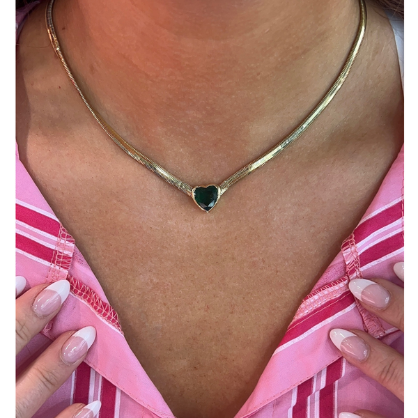 Bezel Emerald Heart Snake Chain Necklace