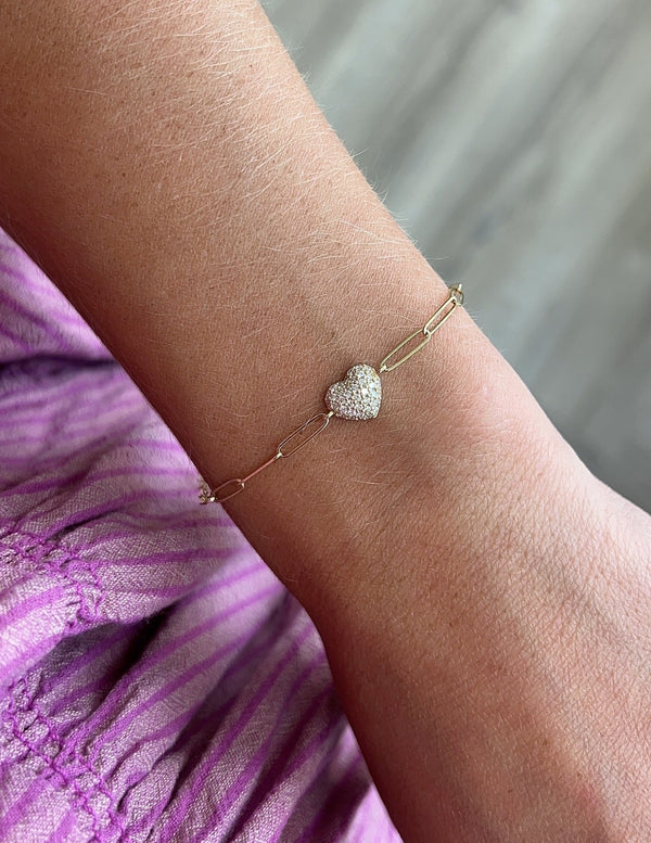 Pave Puffy Heart Paperclip Bracelet