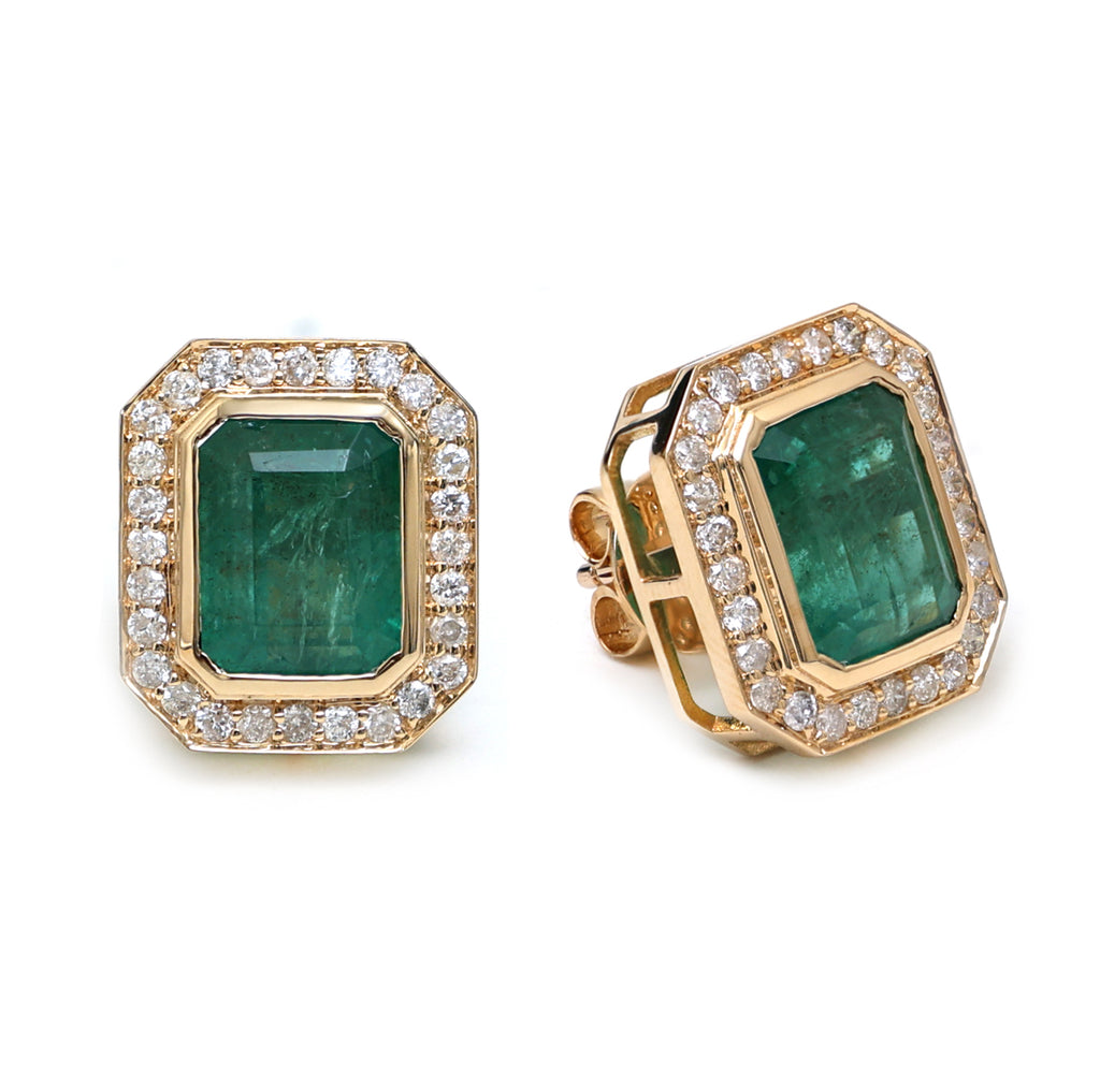 Deco Bezel Emerald and Diamond Earrings
