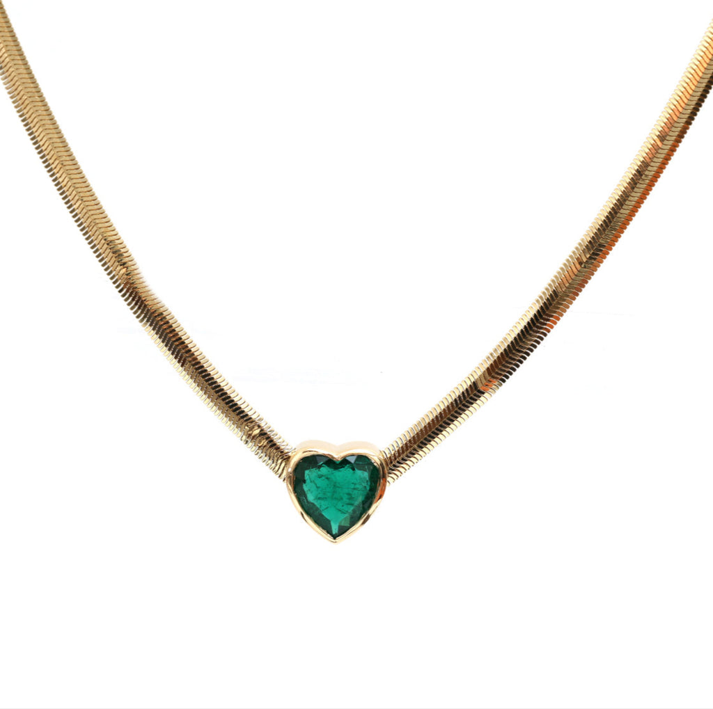 Bezel Emerald Heart Snake Chain Necklace