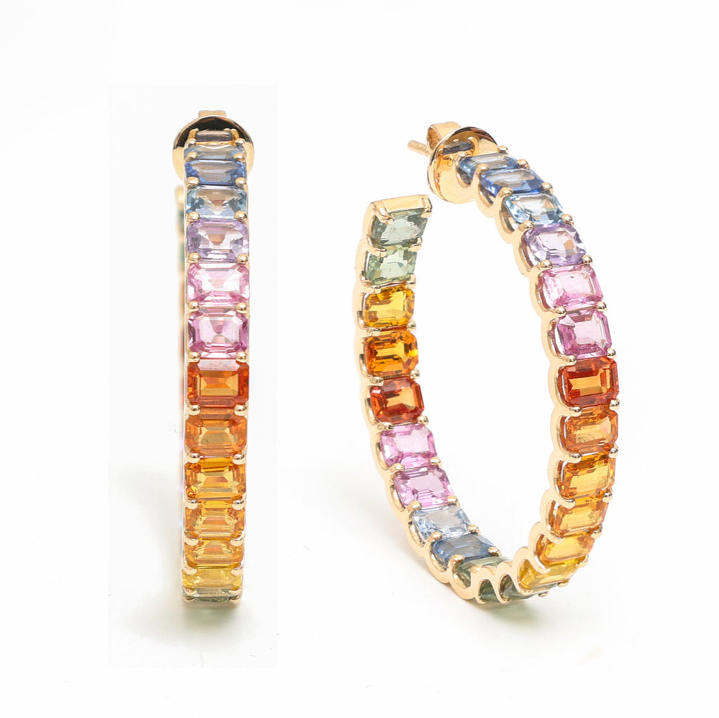 Emerald-Cut Rainbow Sapphire Hoops
