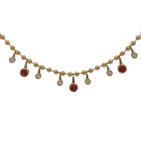 Lab-Grown Bezel Ruby & Diamond Bead Chain Dangle Necklace