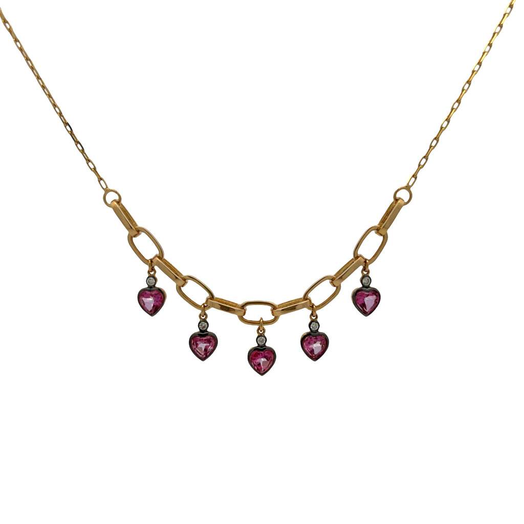 Black Rhodium Pink Topaz Heart Dangle Paperclip Necklace