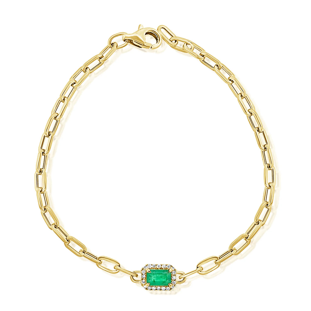 Diamond Halo & Emerald Paperclip Bracelet