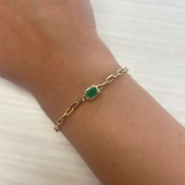 Diamond Halo & Emerald Paperclip Bracelet