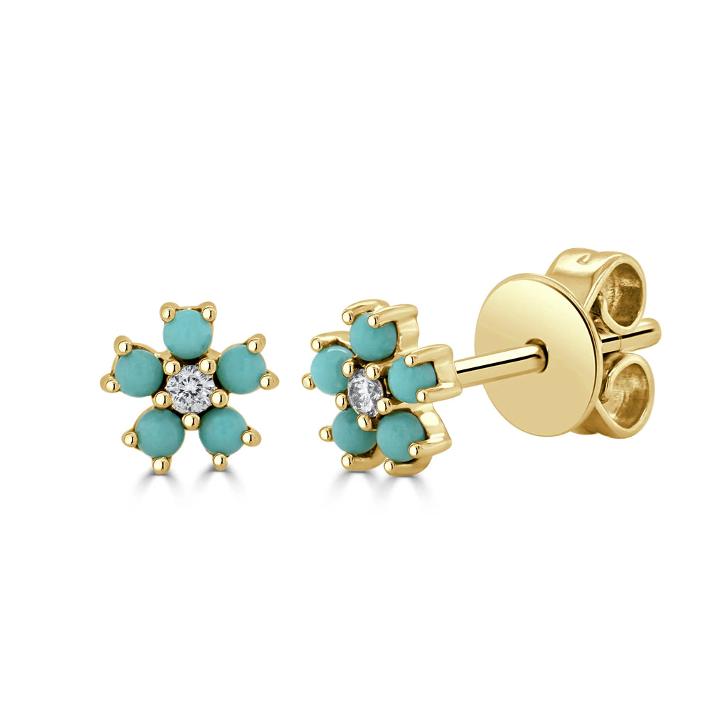 Gold Turquoise & Diamond Flower Stud Earrings