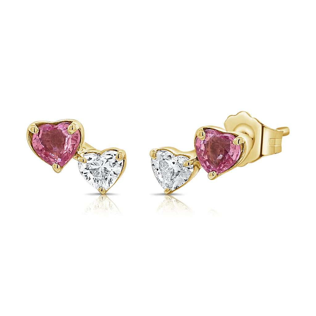 Pink Sapphire & Diamond Heart Stud Earrings