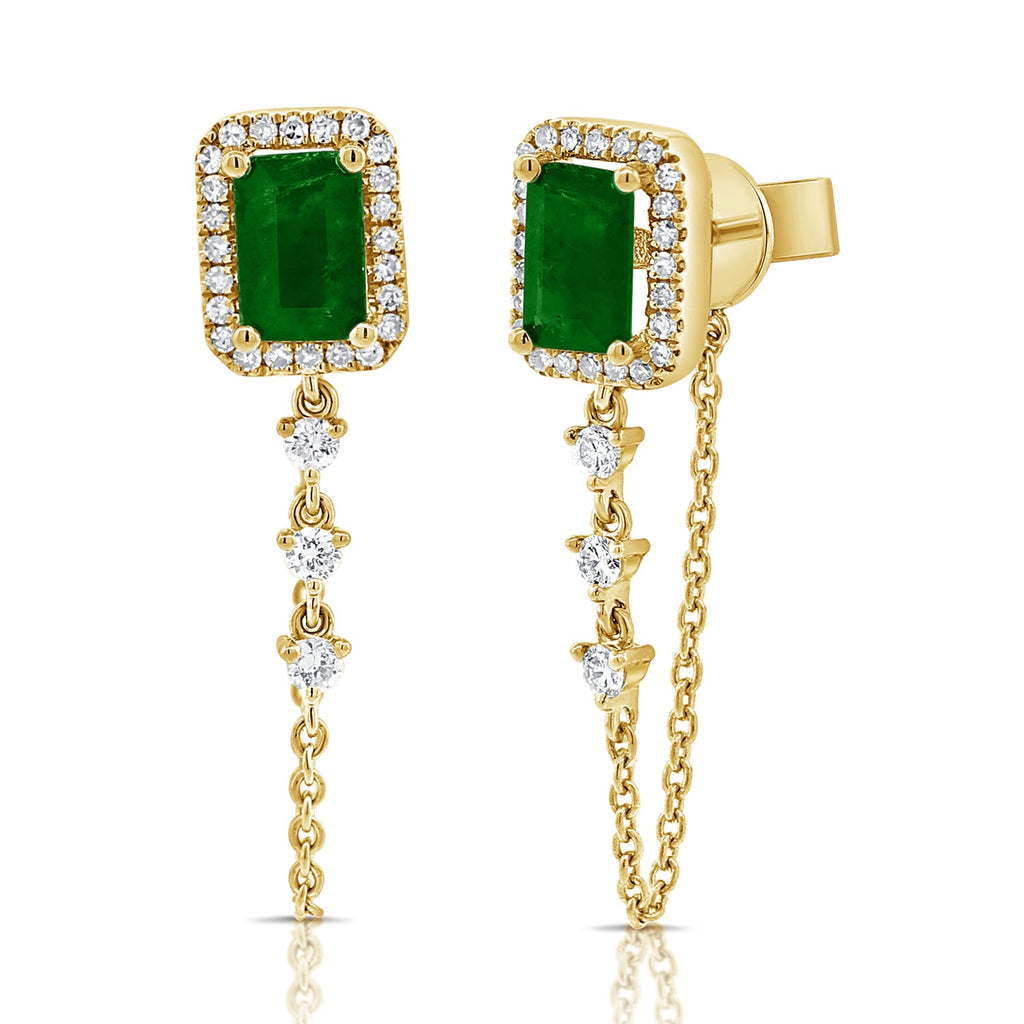 Diamond & Emerald Dangle Chain Stud Earrings