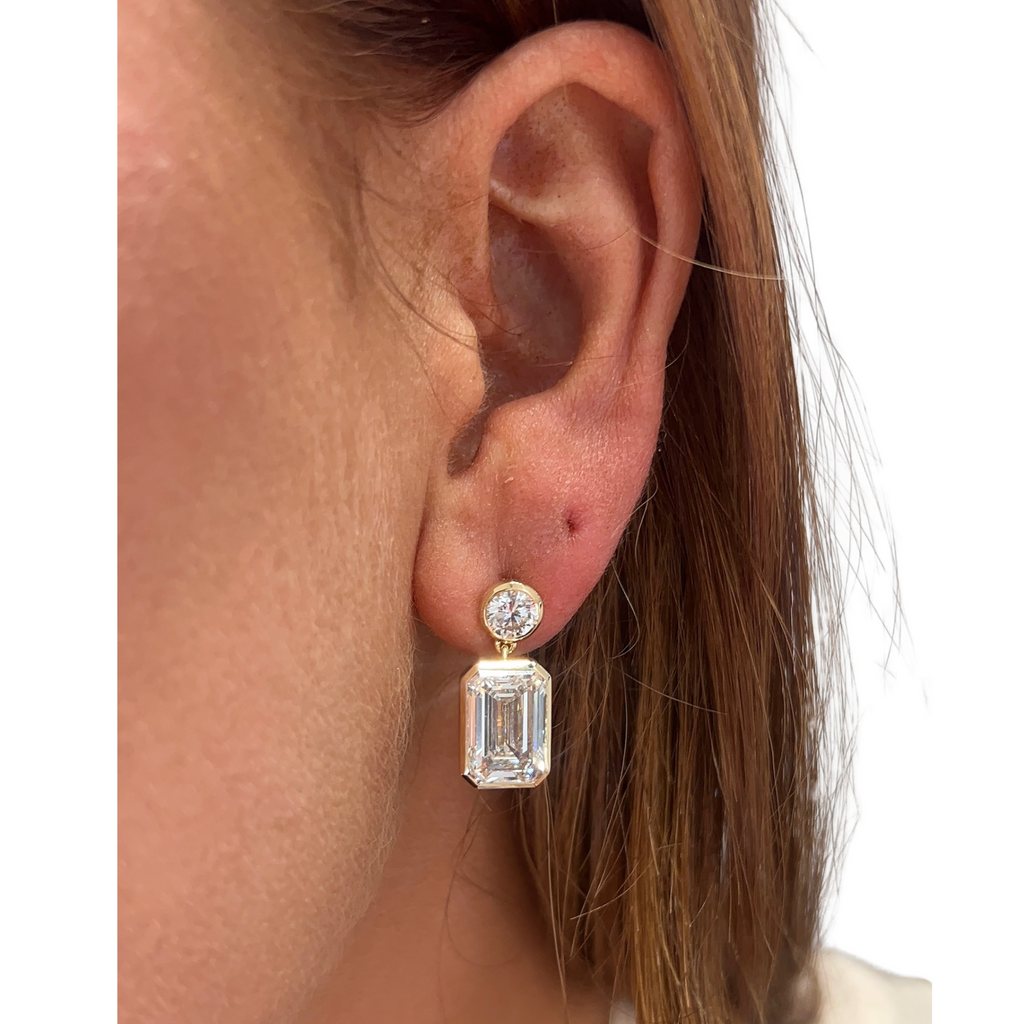 Lab-Grown Bezel Round/Emerald Dangle Earrings