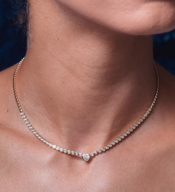 Center Heart Diamond Bezel Tennis Necklace