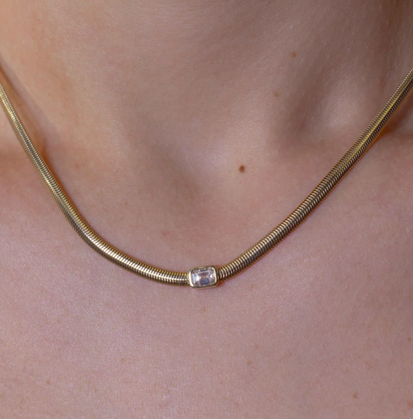 Emerald Cut Diamond Bezel Snake Chain Necklace