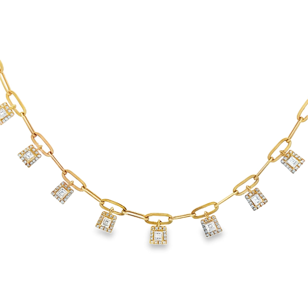 Lab-Grown Baguette Diamond in Princess shape Halo Dangle Paperclip Necklace