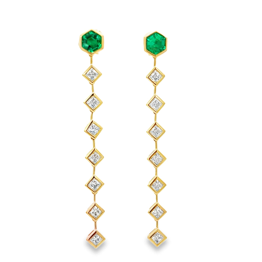 Lab-Grown Emerald Hexagon & Bezel Diamond Dangles