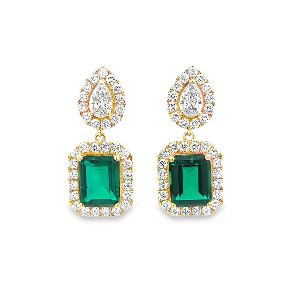 Lab-Grown Emerald & Pear Halo Gemstone Dangles