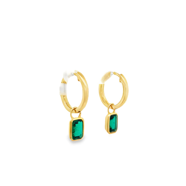 Lab-Grown Bezel Emerald Dangle Huggies