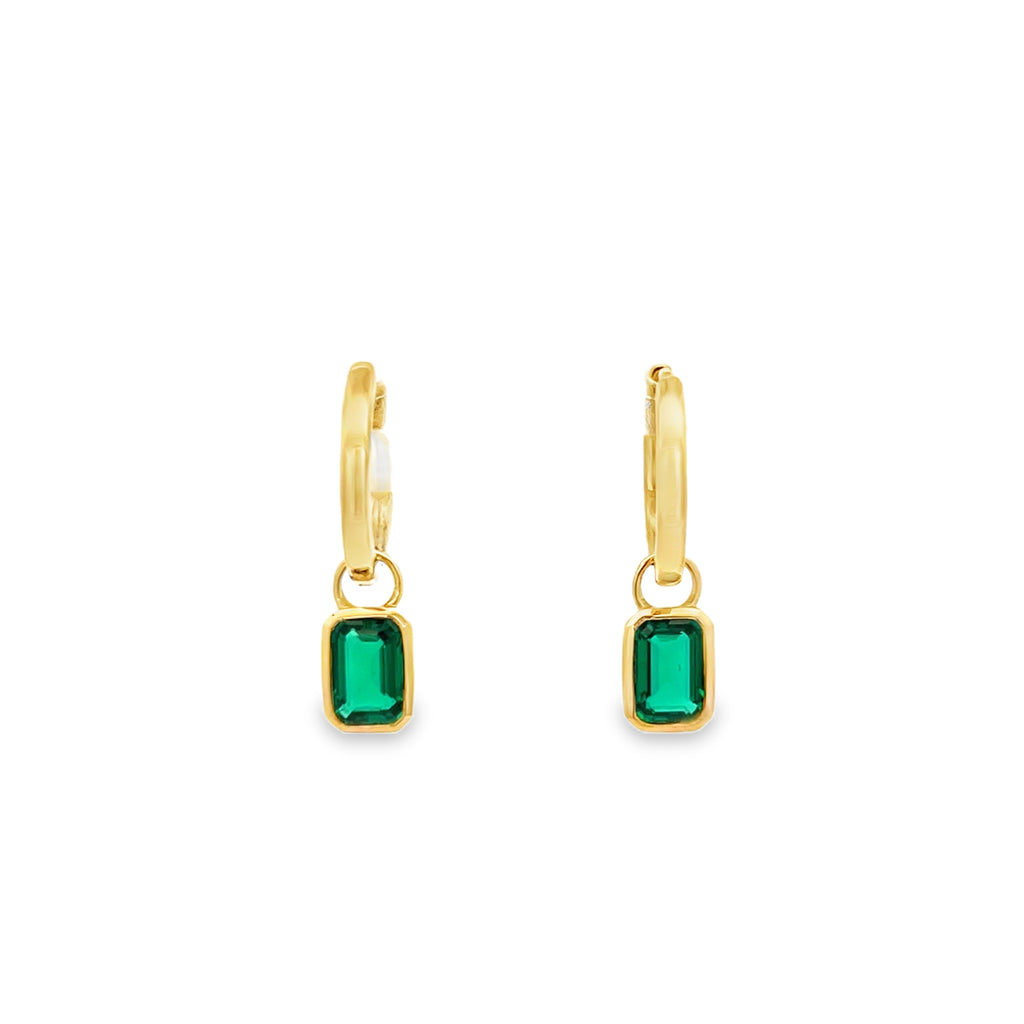 Lab-Grown Bezel Emerald Dangle Huggies
