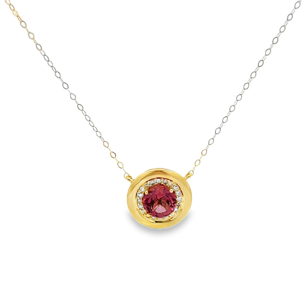 Pink Tourmaline Diamond Halo Station Set Pendant Necklace