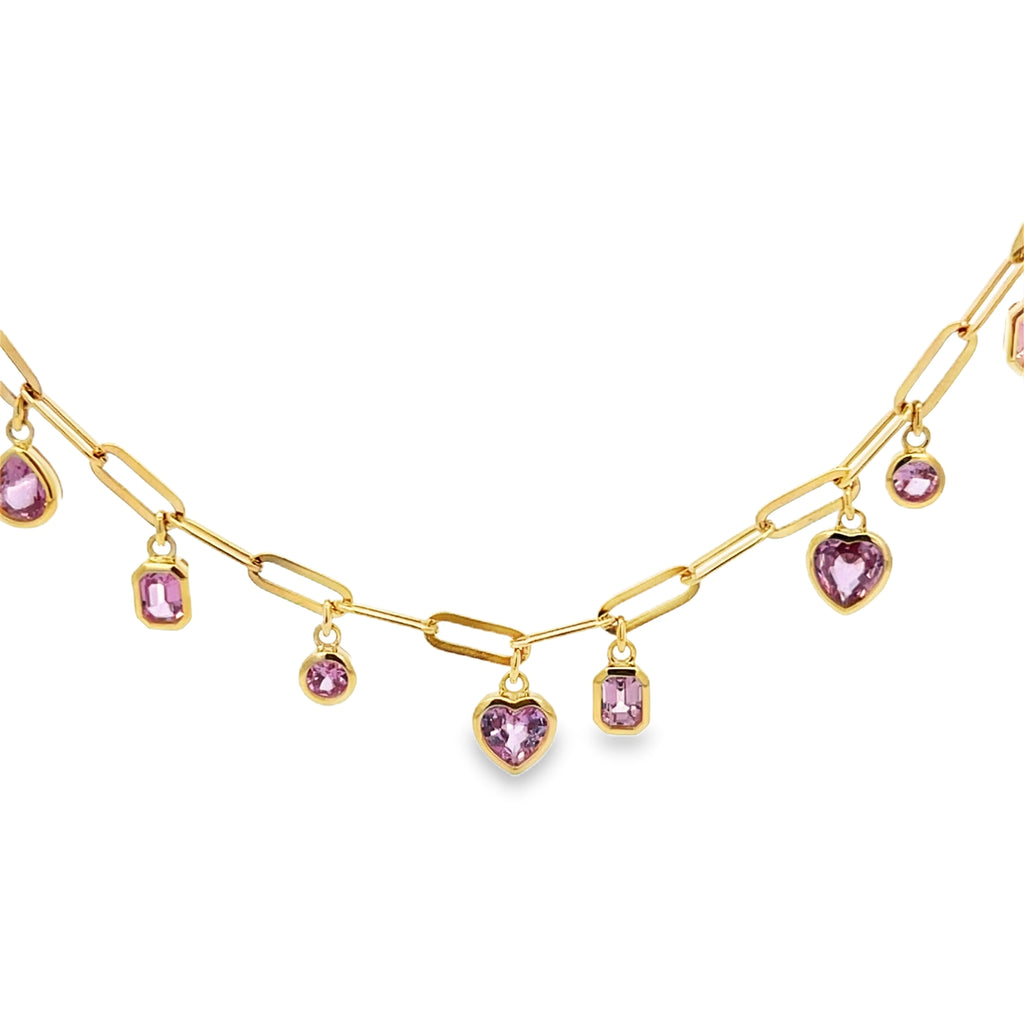 Lab-Grown Bezel Multi-Shape Pink Sapphire Paperclip Dangle Necklace
