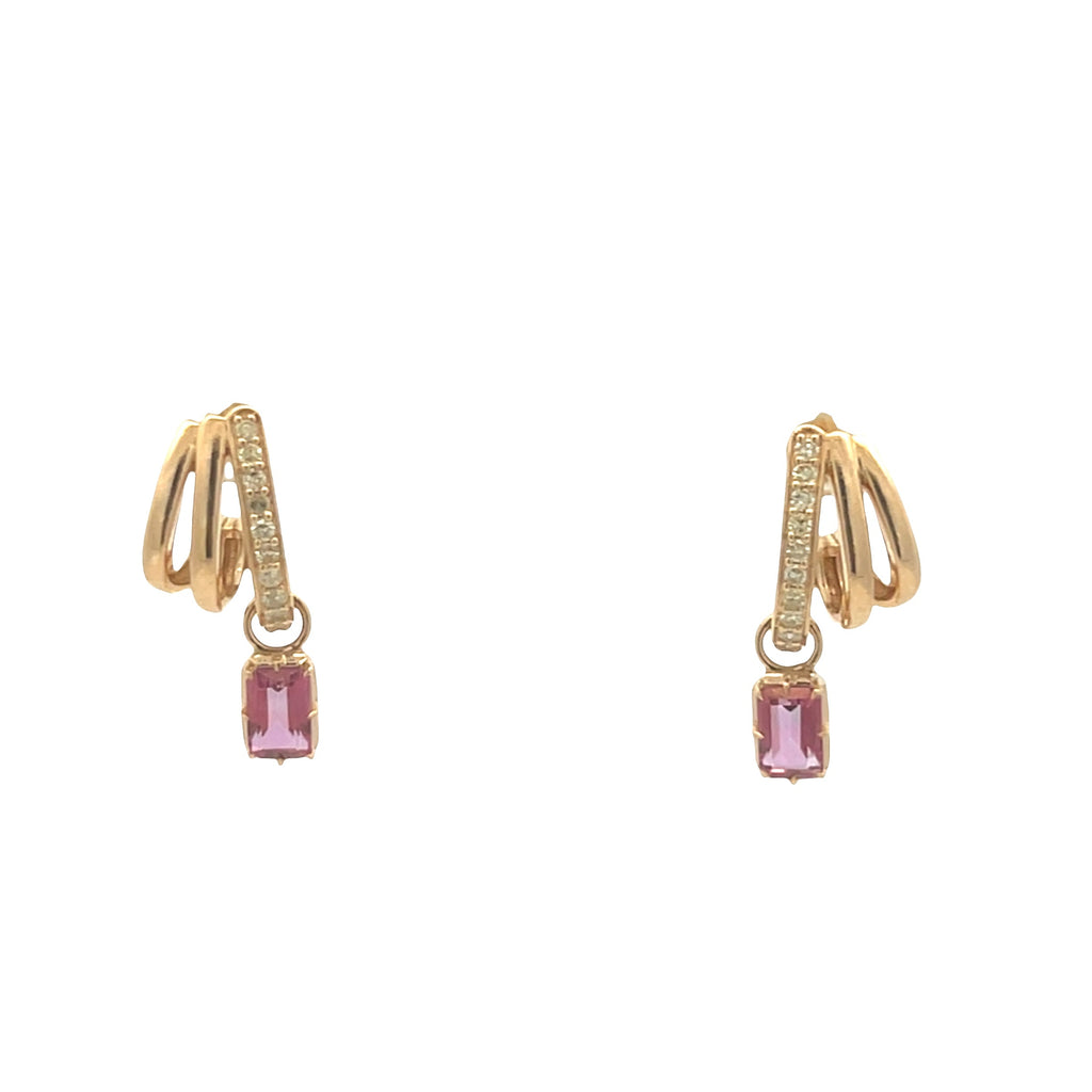 Emerald Cut Pink Topaz Dangle Triple Huggies