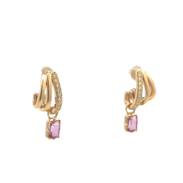Emerald Cut Pink Topaz Dangle Triple Huggies