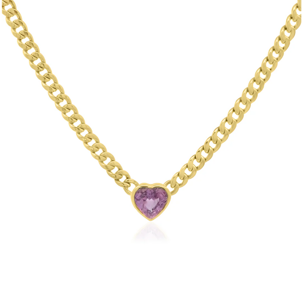 Bezel Pink Sapphire Heart Curb Chain Necklace