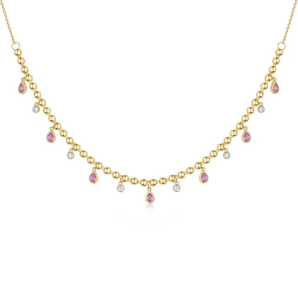 Bead Chain Dangle Bezel Pink Sapphire & Diamond Necklace