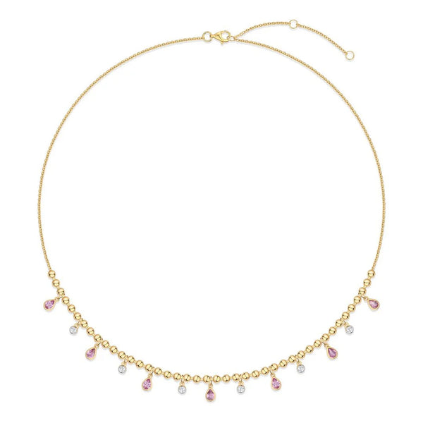 Bead Chain Dangle Bezel Pink Sapphire & Diamond Necklace