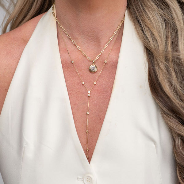 Bezel Detachable Lariat Necklace on neck