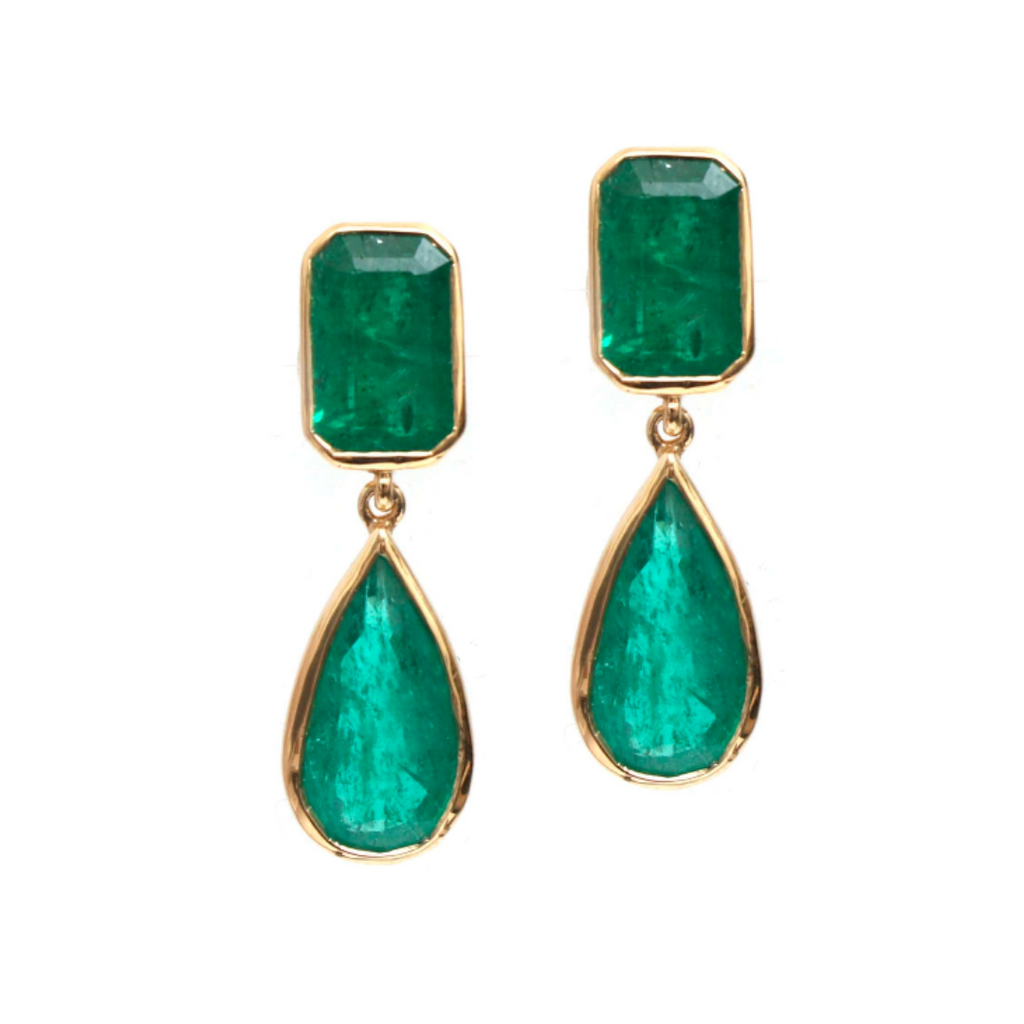 Bezel Emerald Gemstone Pear Dangle Earrings