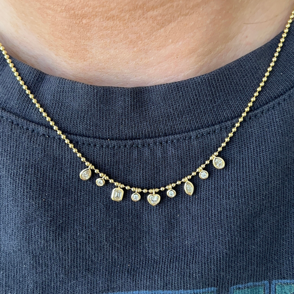Mixed Shape Bezel Diamond Droplet Bead Chain Necklace on neck