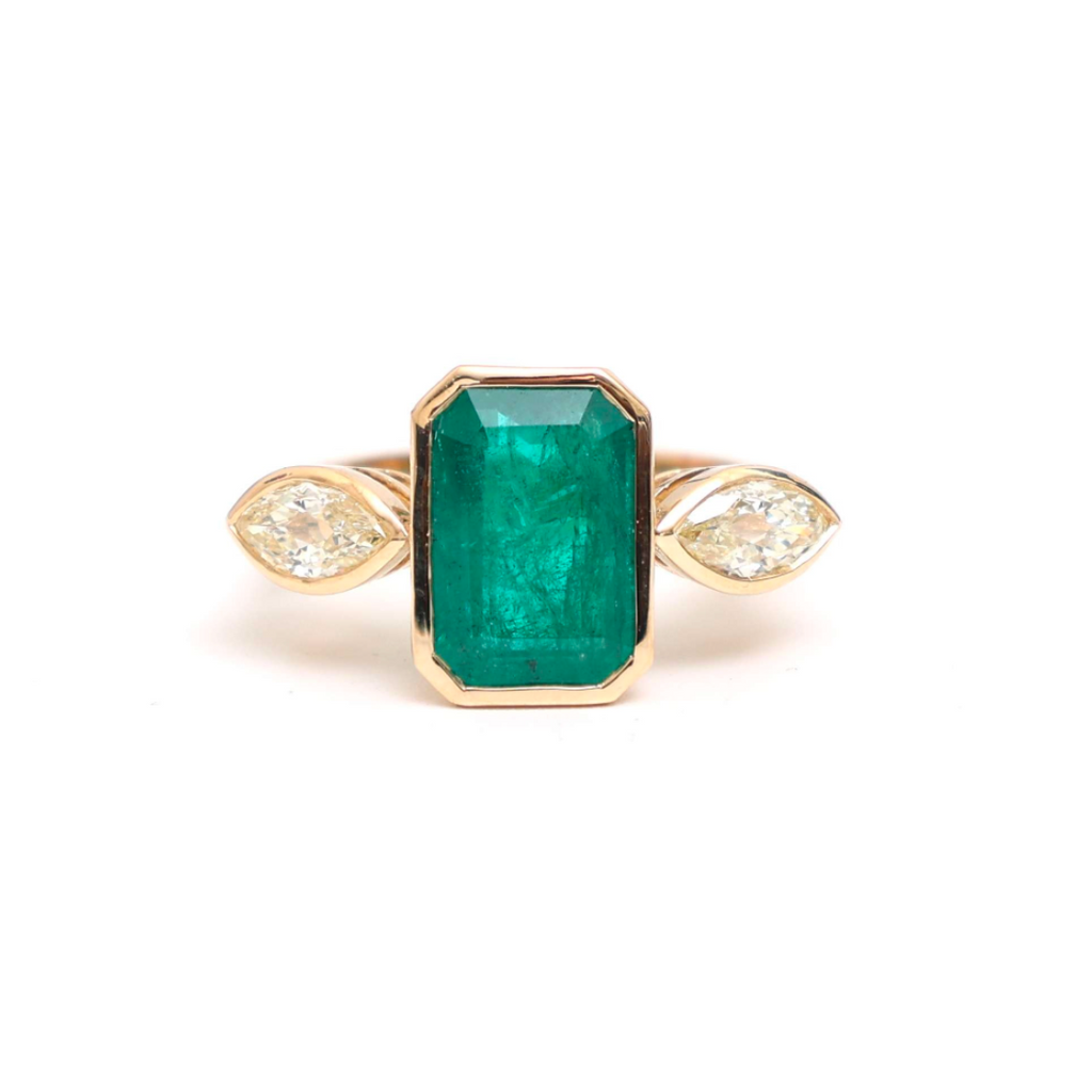 Bezel Emerald & Marquise 3 Stone Ring