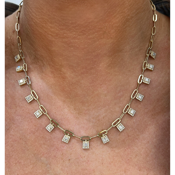 Lab-Grown Baguette Diamond in Princess shape Halo Dangle Paperclip Necklace