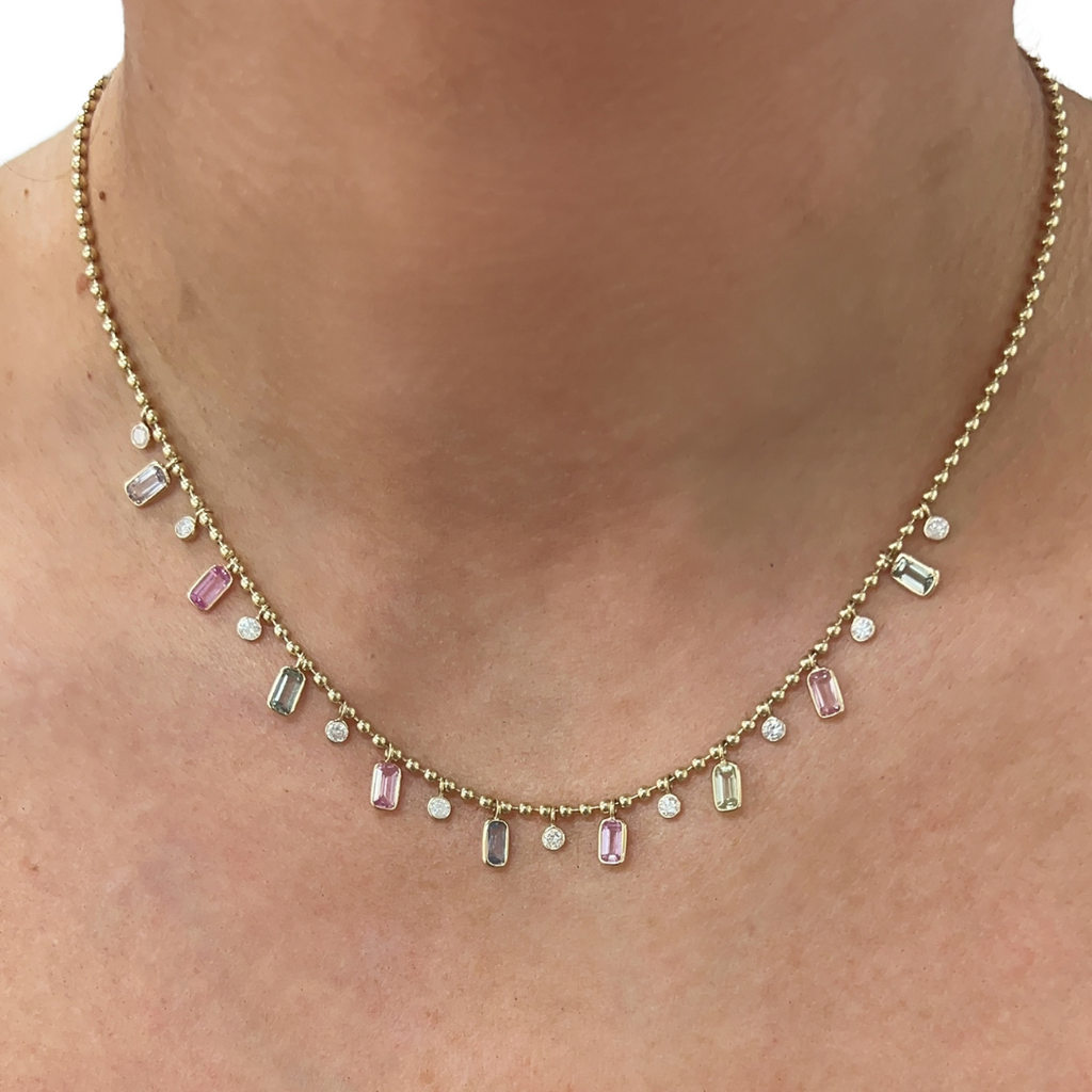 Multi-Color Sapphire & Diamond Bezel Chain Necklace